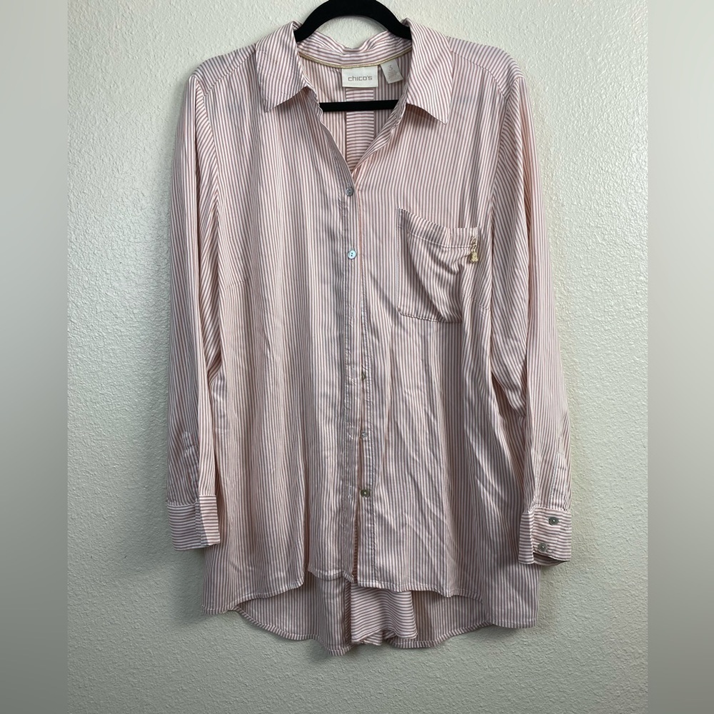 Chico’s Stripe Long Sleeve Tunic Boho Beach Button Down Long Sleeve Shirt sz XL